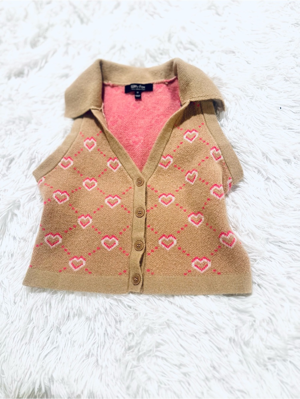 Girls Camel Knit Heart-Patterned Button Vest with Pink Lining